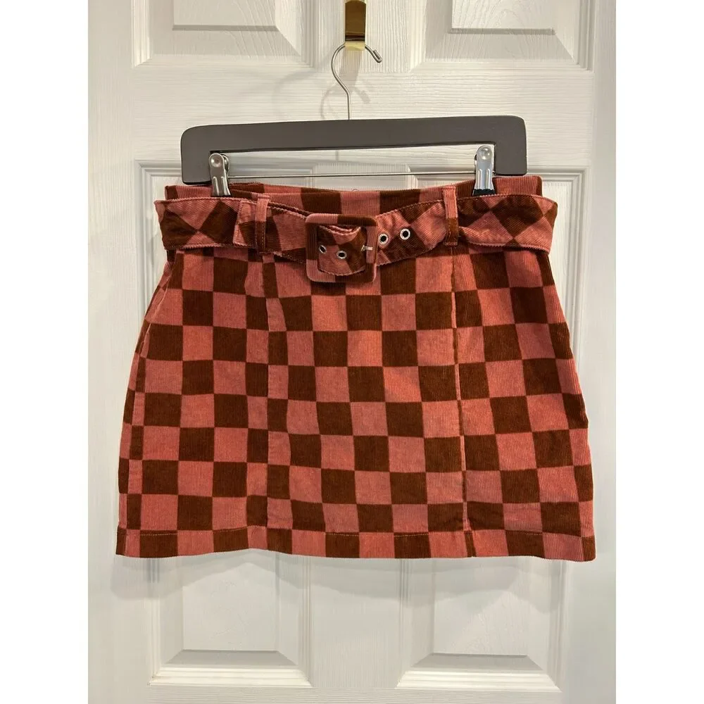 Corduroy MiniSkirt Pink Brown Checkered Fall Preppy